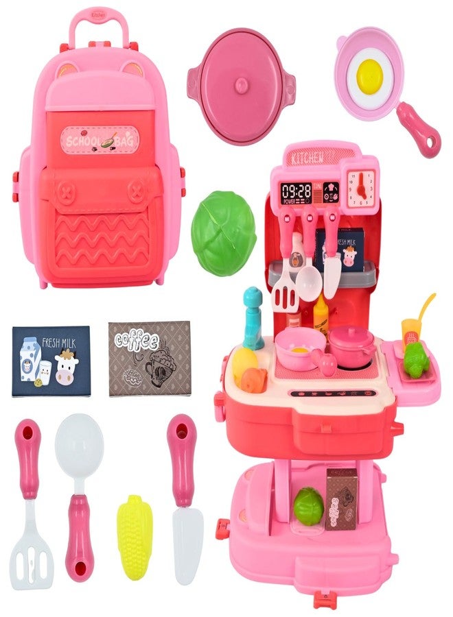 Cable World 2 in 1 Baby Kitchen Playset for Kids, School Bag Type Kitchen Set for Girls, Portable Pretend Food Party Role Cooking Kitchen Play Set Toy for Boys and Girls (Pink) - Image 1